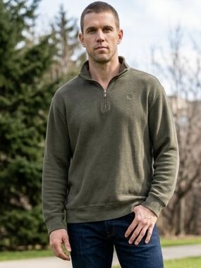 Wolverine Olive Green Ribbed Cotton 1/4 Zip Pullover Knit Jacket Large EUC